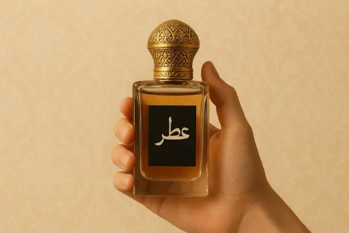Mano sosteniendo elegantemente un frasco de perfume árabe