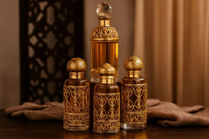 Colección de perfumes árabes con fondo de cortinas elegantes